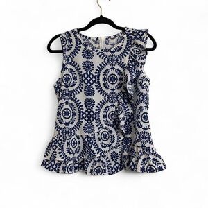 Navy and White Floral Blouse‎ With Peplum Ruffle Detail